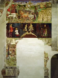 Allegorie des Mai: Astrologische Symbole der Zwillinge und Triumph des Apollo, von Francesco del Cossa, 1469 - 1470